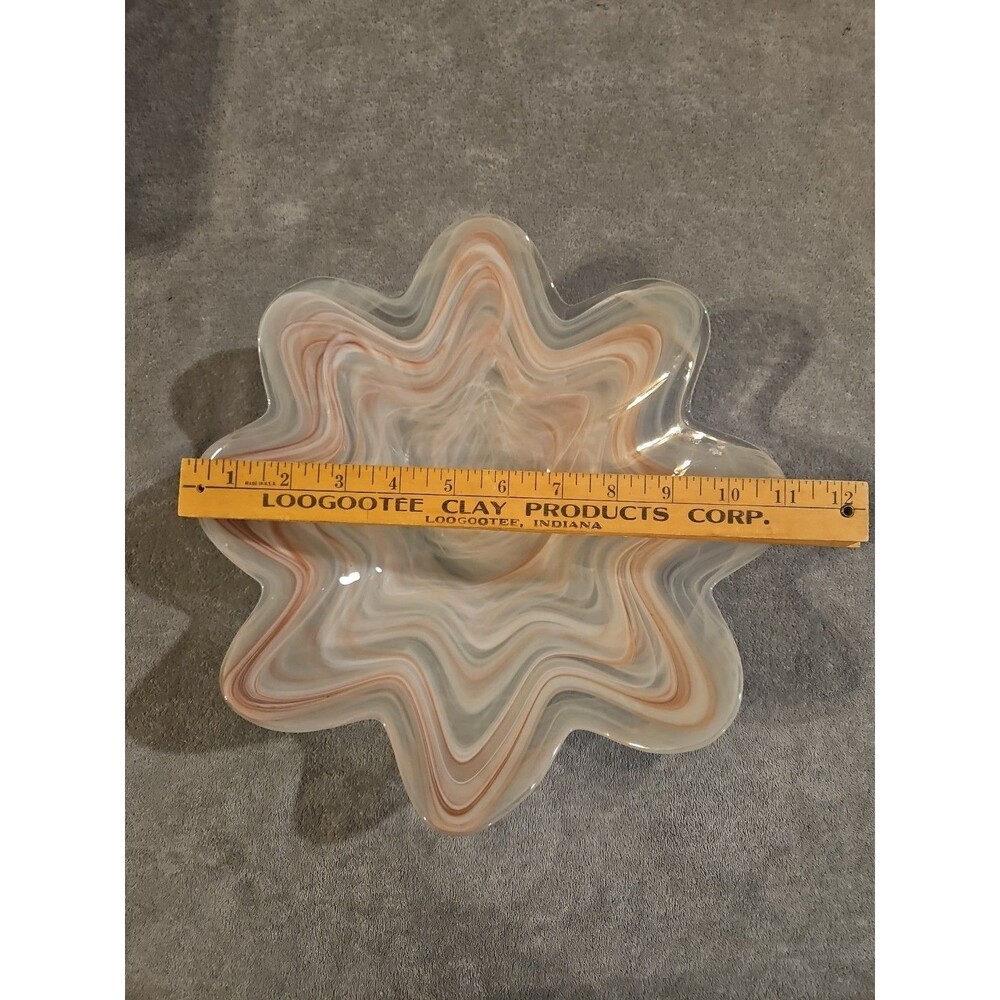 Vintage Swirled Scallop Wave Edge Fruit Bowl Decor Ripple Abstract Art Glass